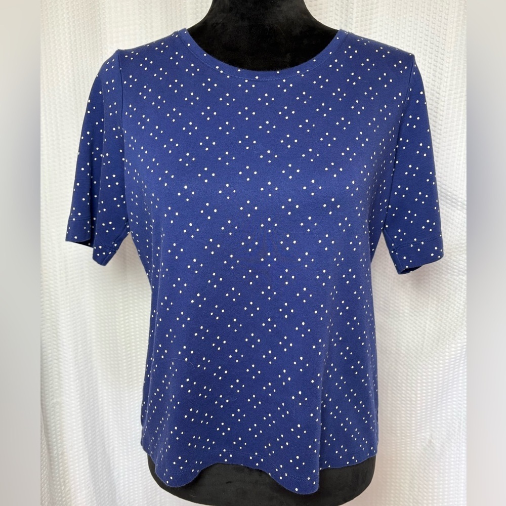 L.L. Bean women’s blue short sleeve t-shirt tee whit polka dot star-like PetiteM